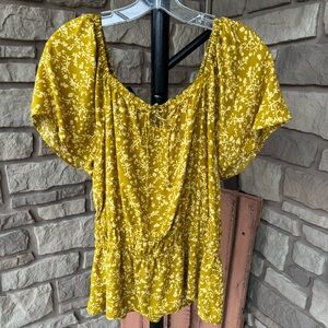 Lucky Brand Golden Mustard Floral Cinched Waist Short Sleeve Blouse